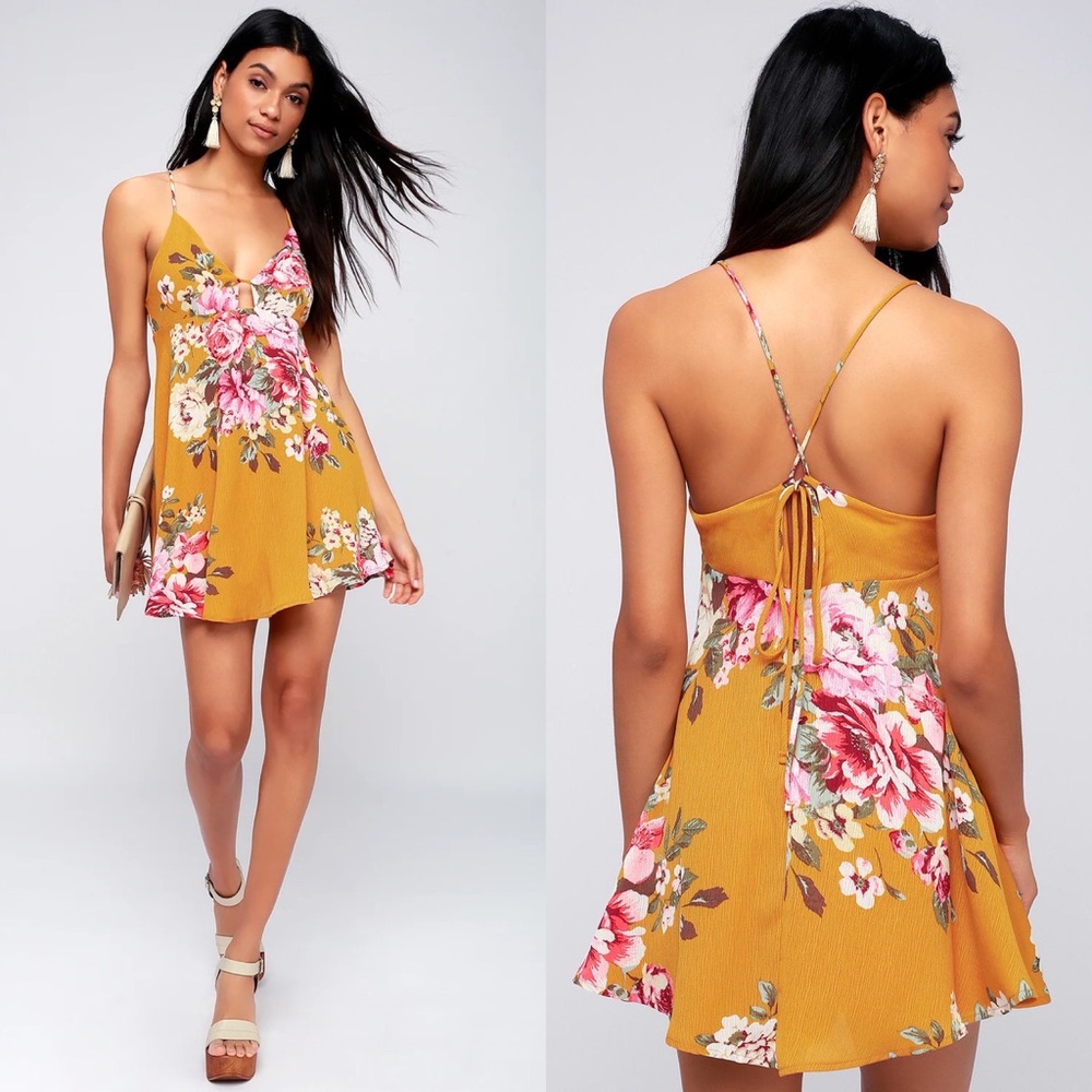 Lulus | Lily Pond Mustard Yellow Floral Print Swing Dress
